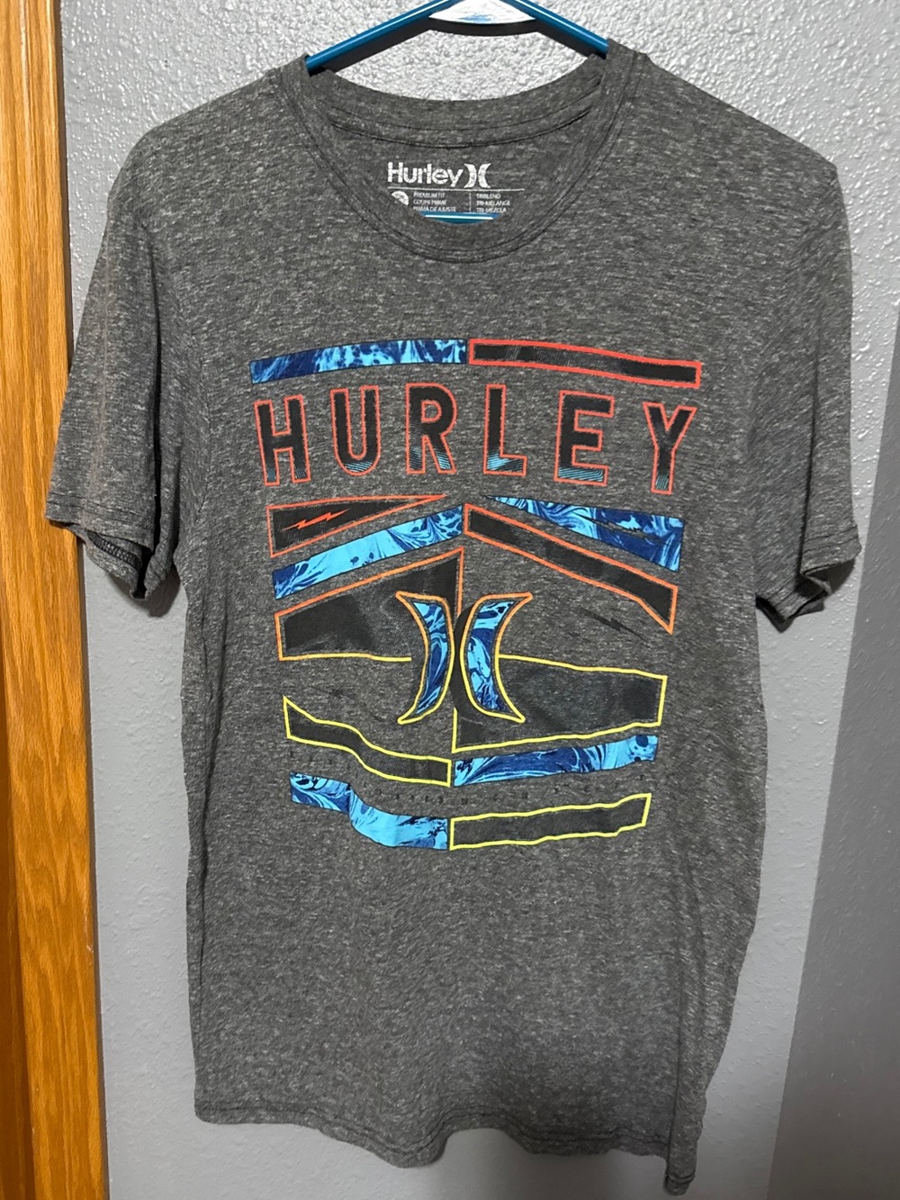 Hurley Gray Short-Sleeve Tee with Blue and Orange Graphic